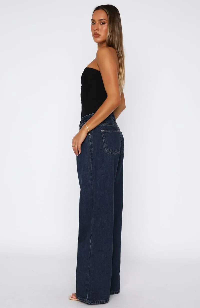 Maeve Low Rise Wide Leg Jeans Dark Blue Street Style