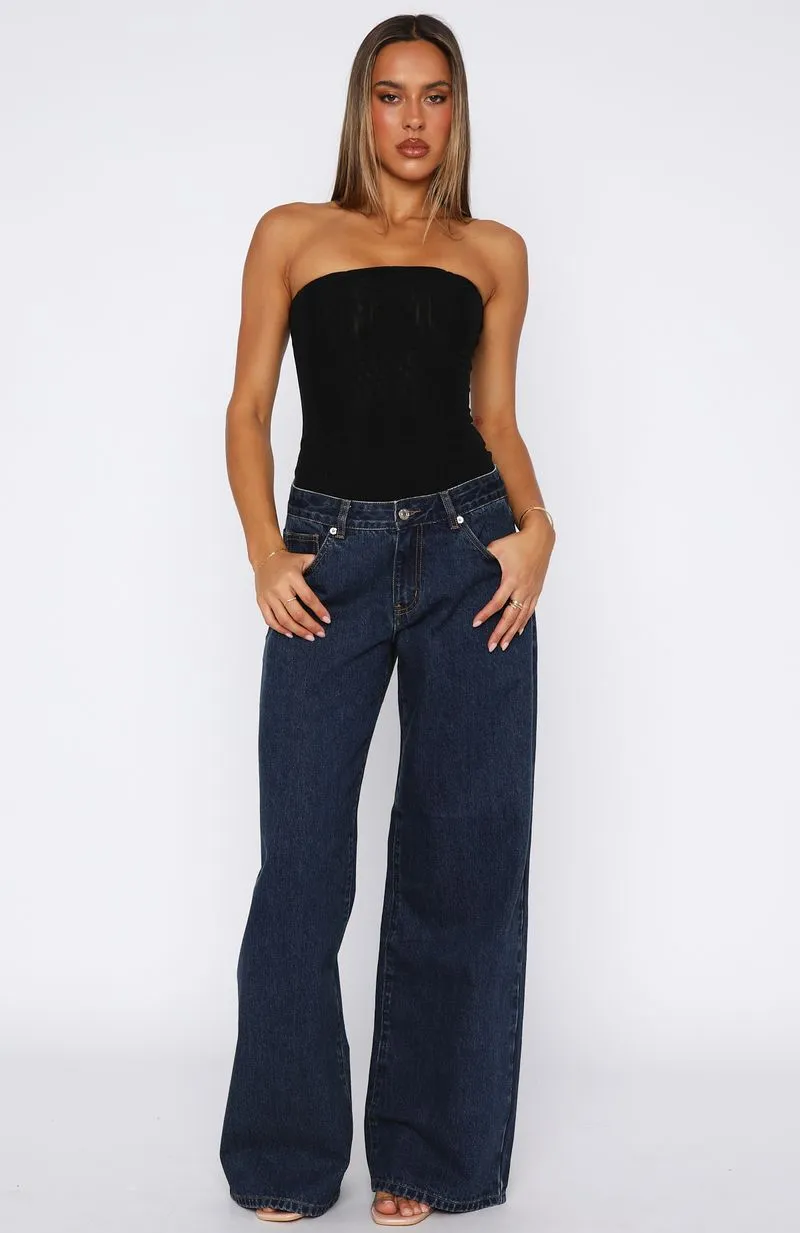 Maeve Low Rise Wide Leg Jeans Dark Blue Street Style