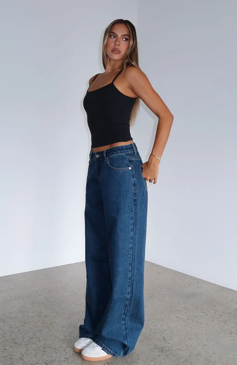 Maeve Low Rise Wide Leg Jeans Dark Blue Street Style