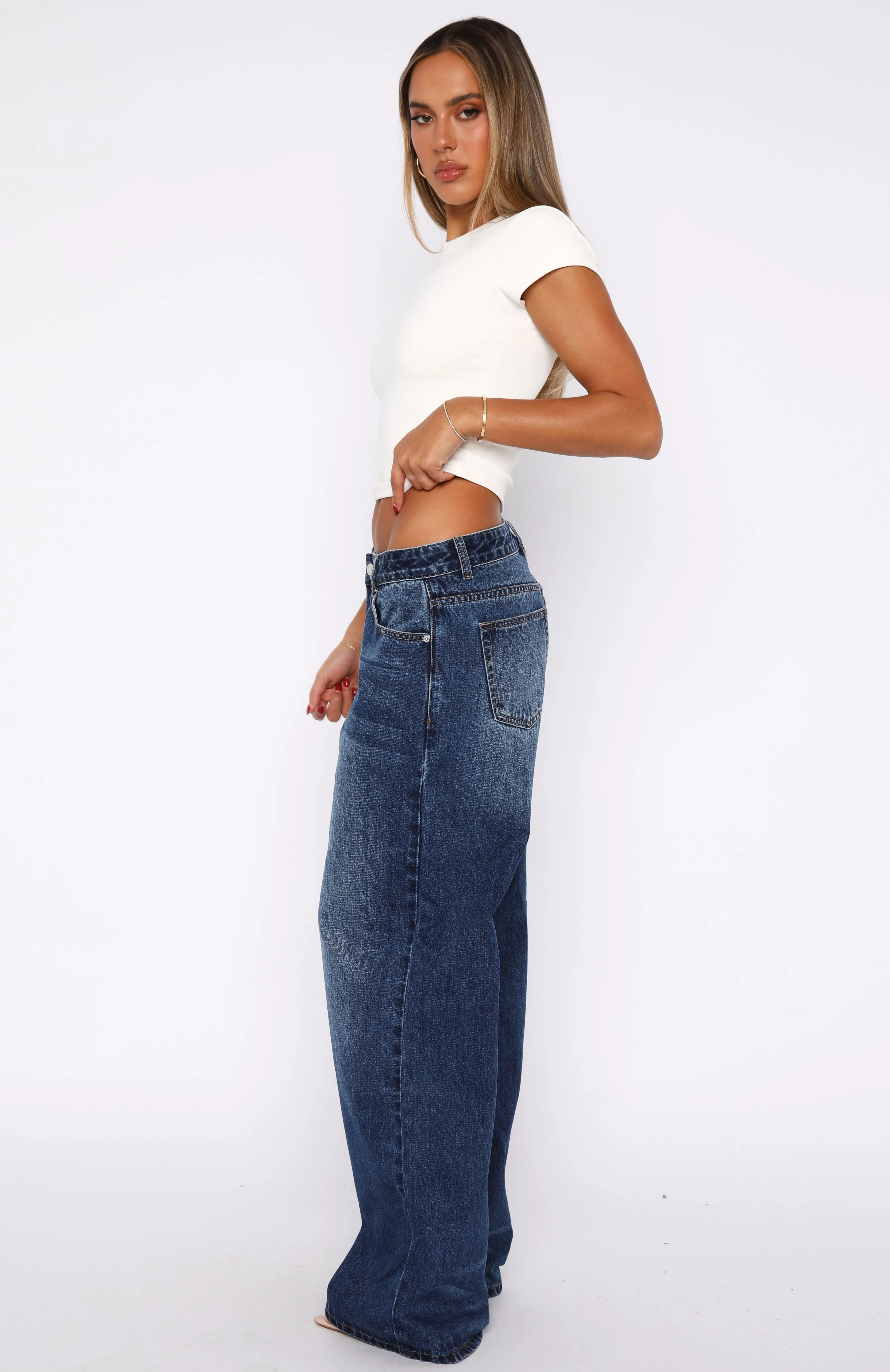 Maeve Low Rise Wide Leg Jeans Washed Dark Blue Loose Breathable