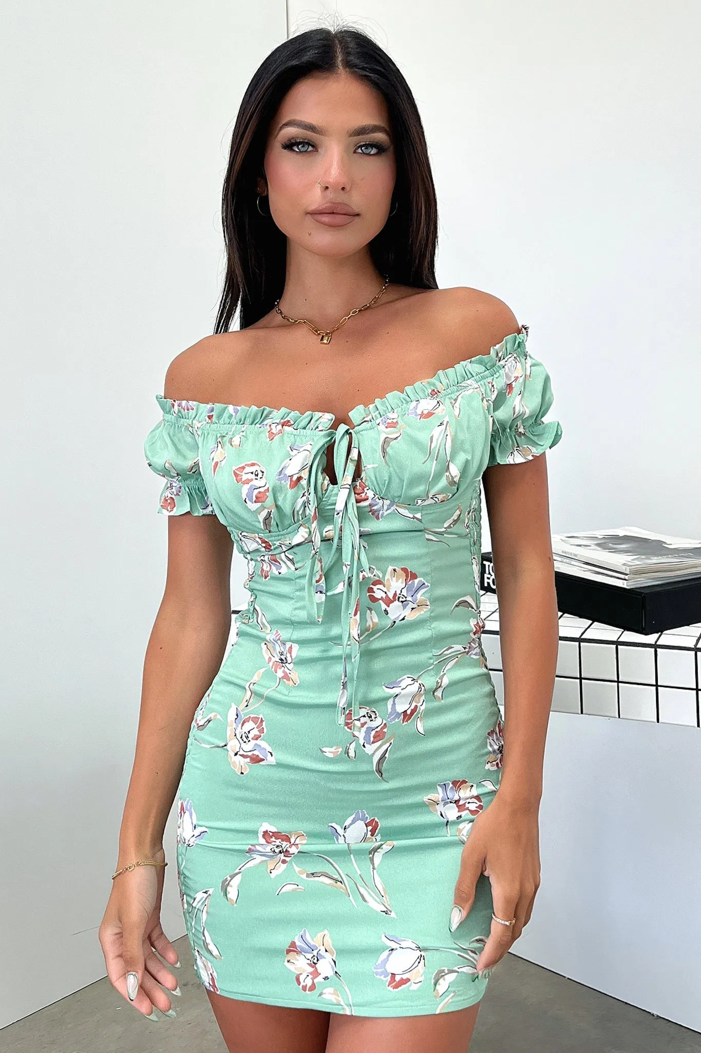 Maisie Dress - Green Print Puff Sleeve