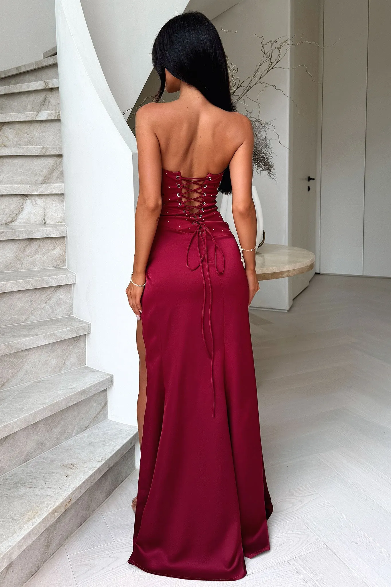 Manali Strapless Corset Maxi Dress - Burgundy High Low Skirt