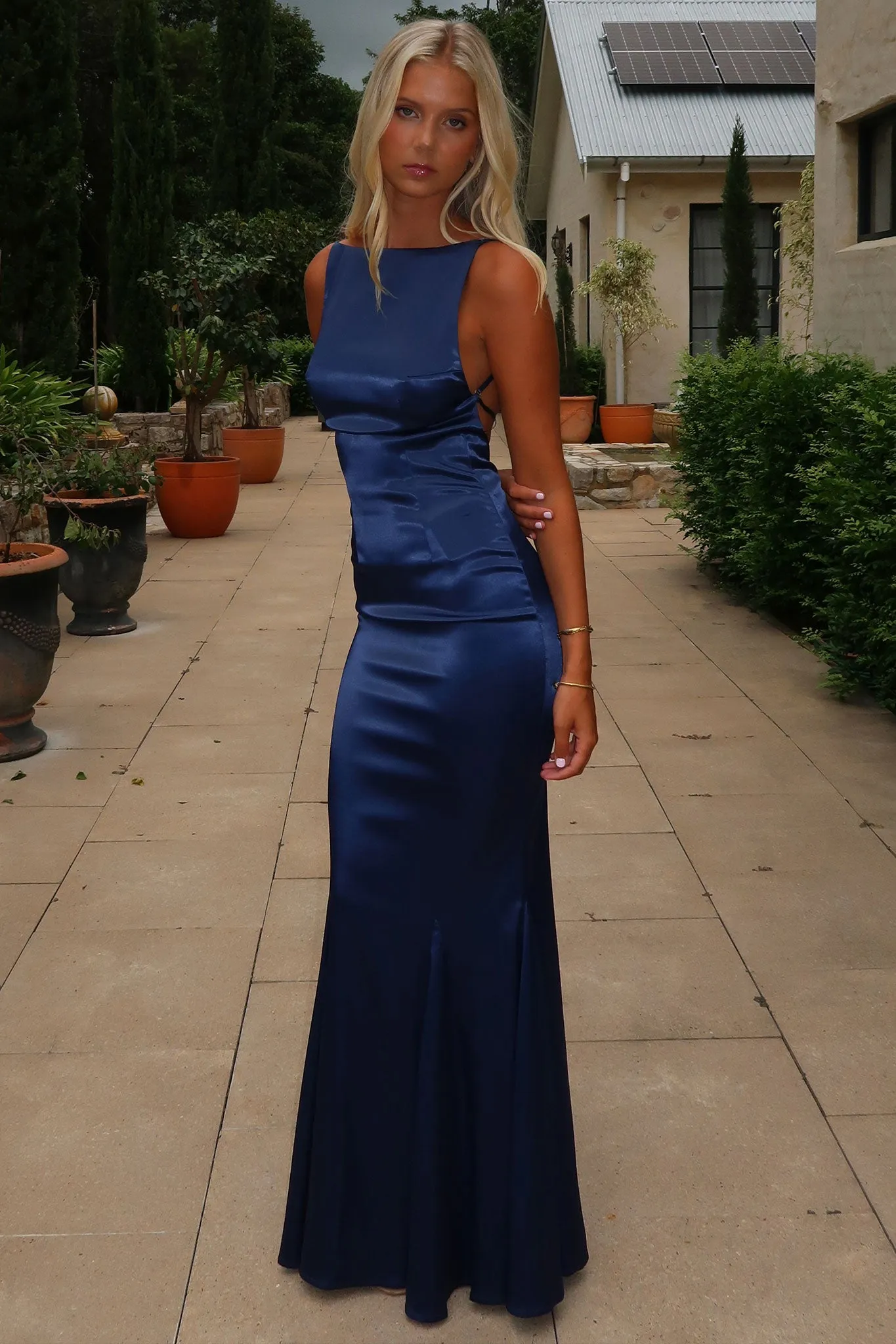 Margot High-Neck Satin Maxi Dress - Navy Sophisticated Vibe