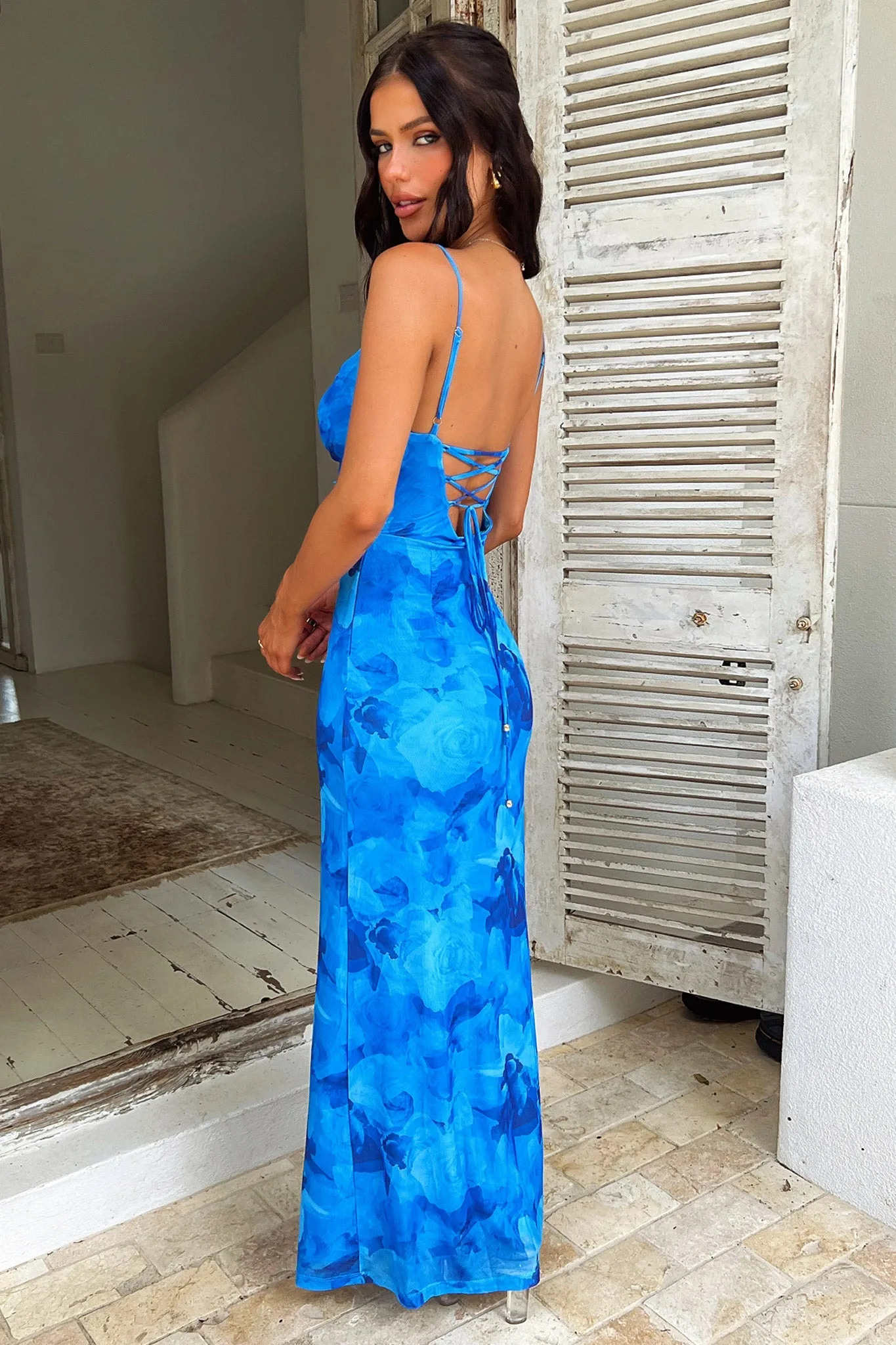 Nadine Lace-Up Back Maxi Dress - Blue Floral Dip Dye