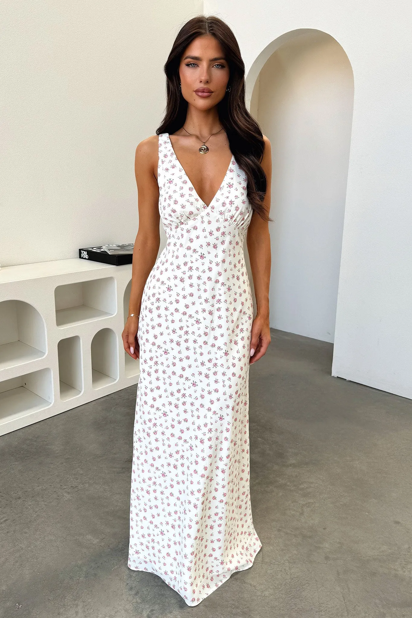 Naf V-Neck Maxi Dress - Rose Floral Waist Highlight