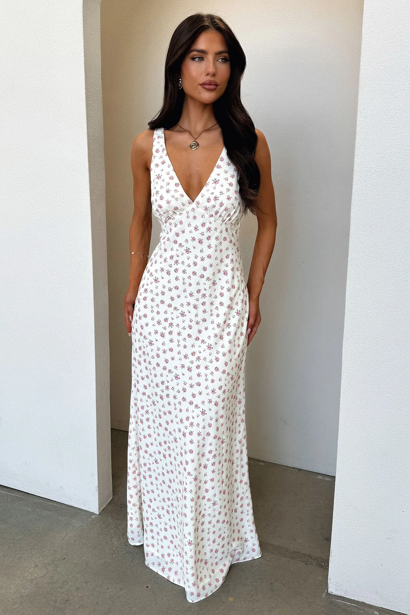Naf V-Neck Maxi Dress - Rose Floral Waist Highlight