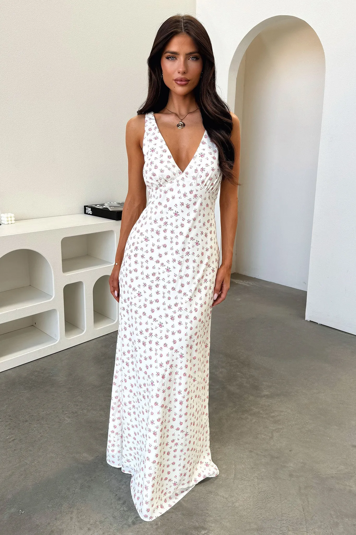 Naf V-Neck Maxi Dress - Rose Floral Waist Highlight