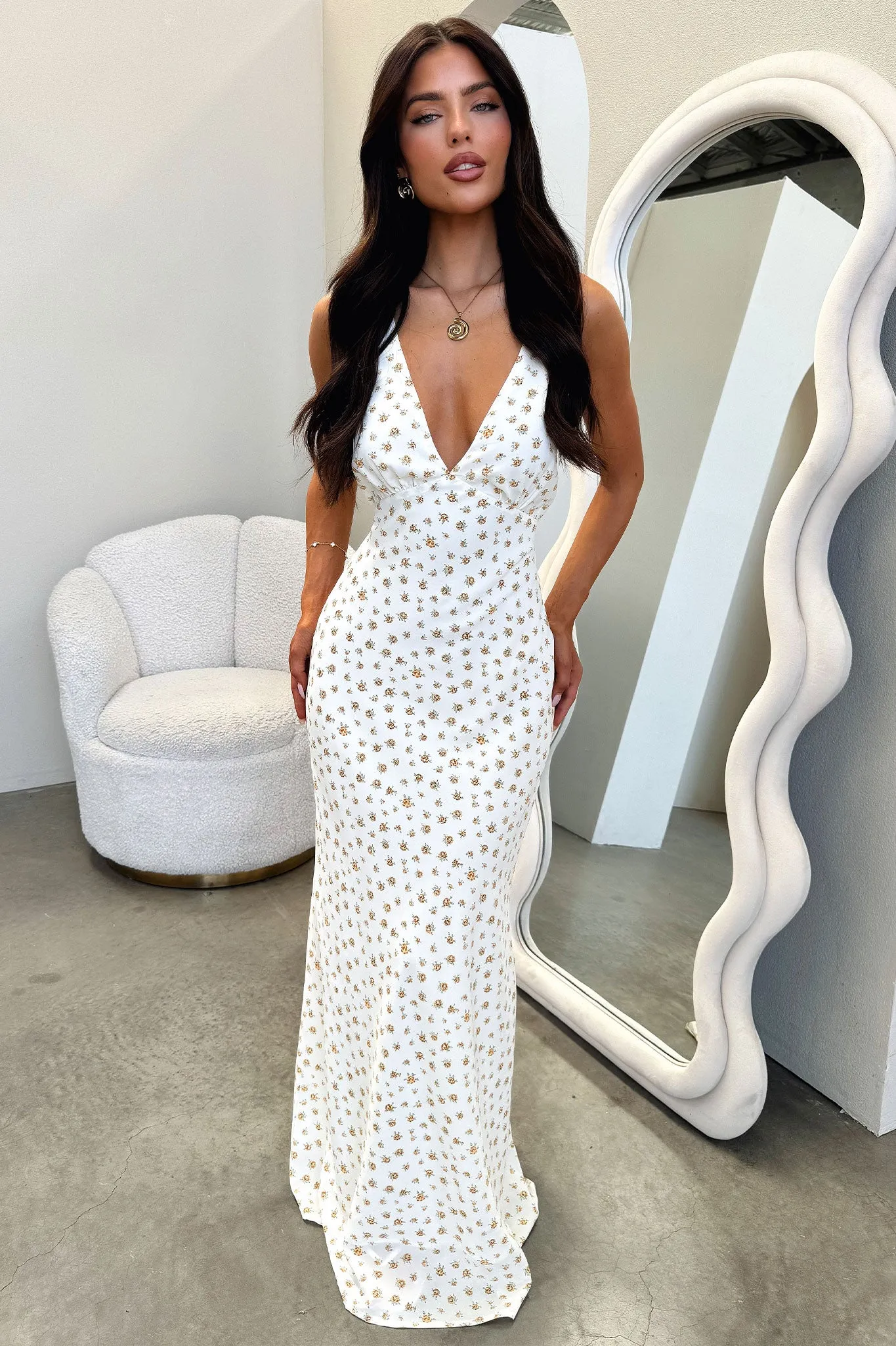 Naf V-Neck Maxi Dress - Yellow Floral Vanilla Tone