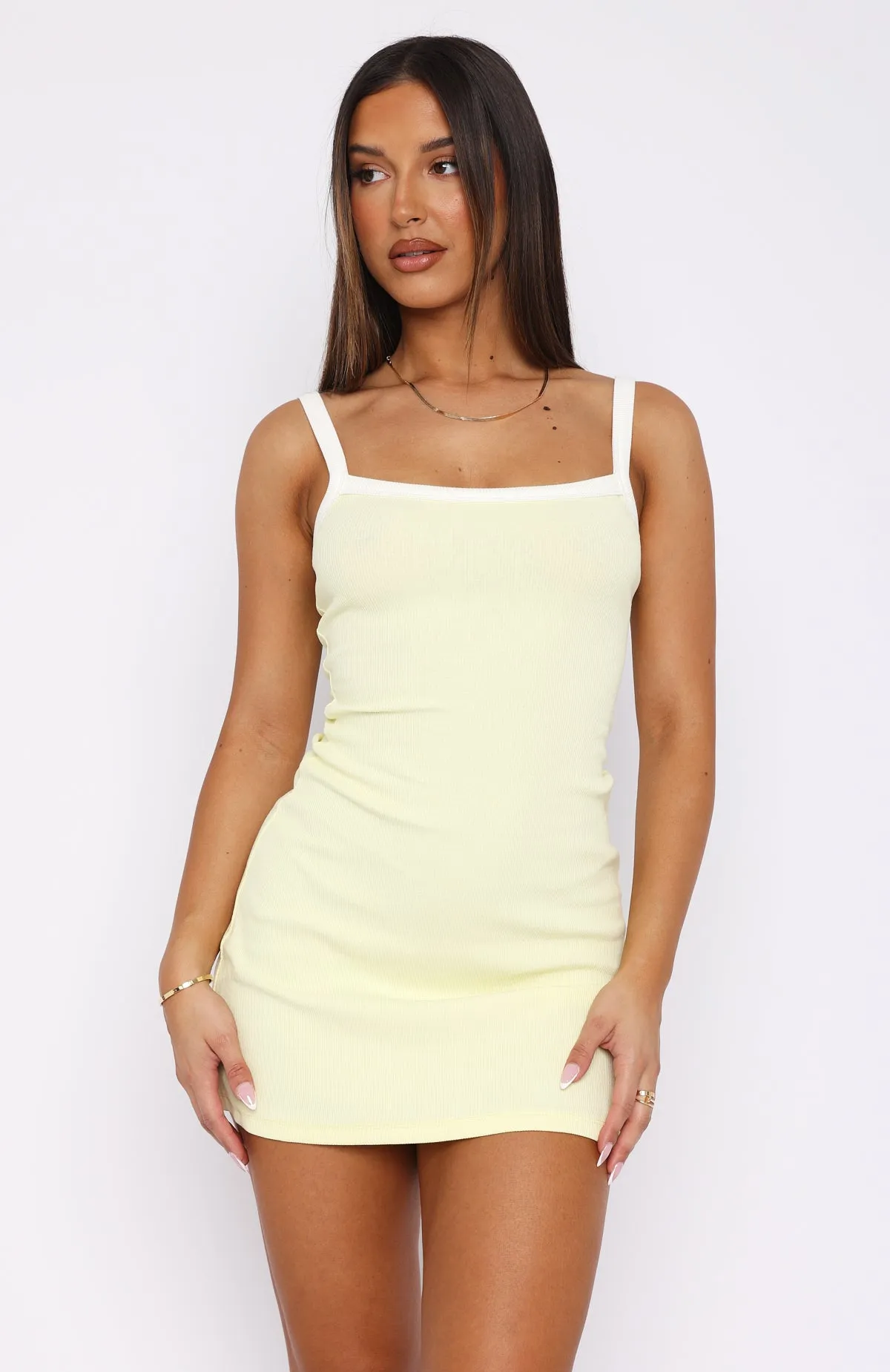 Neat Outfits In This Moment Ribbed Mini Dress Lemon/White