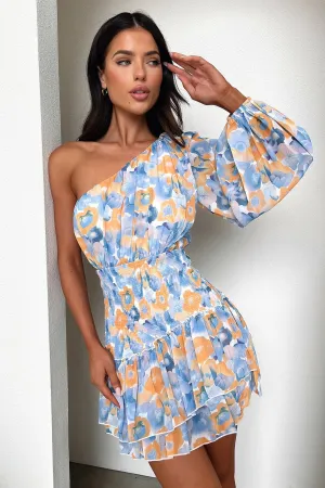 Shiny Tone Katina Mini Dress - Yellow/Blue Floral