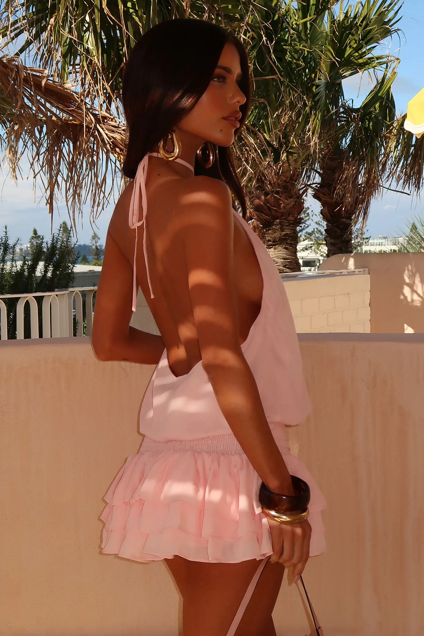 Ocean Wave Latina Open Back Mini Dress - Baby Pink