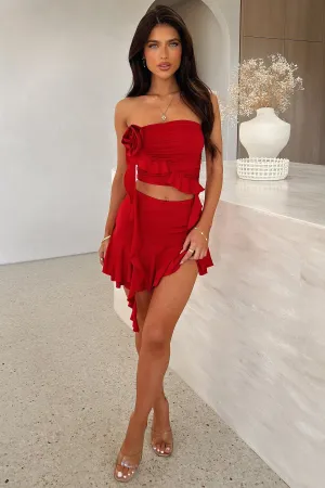 Linen Cotton Mix Side Slit Odee Mini Skirt - Red
