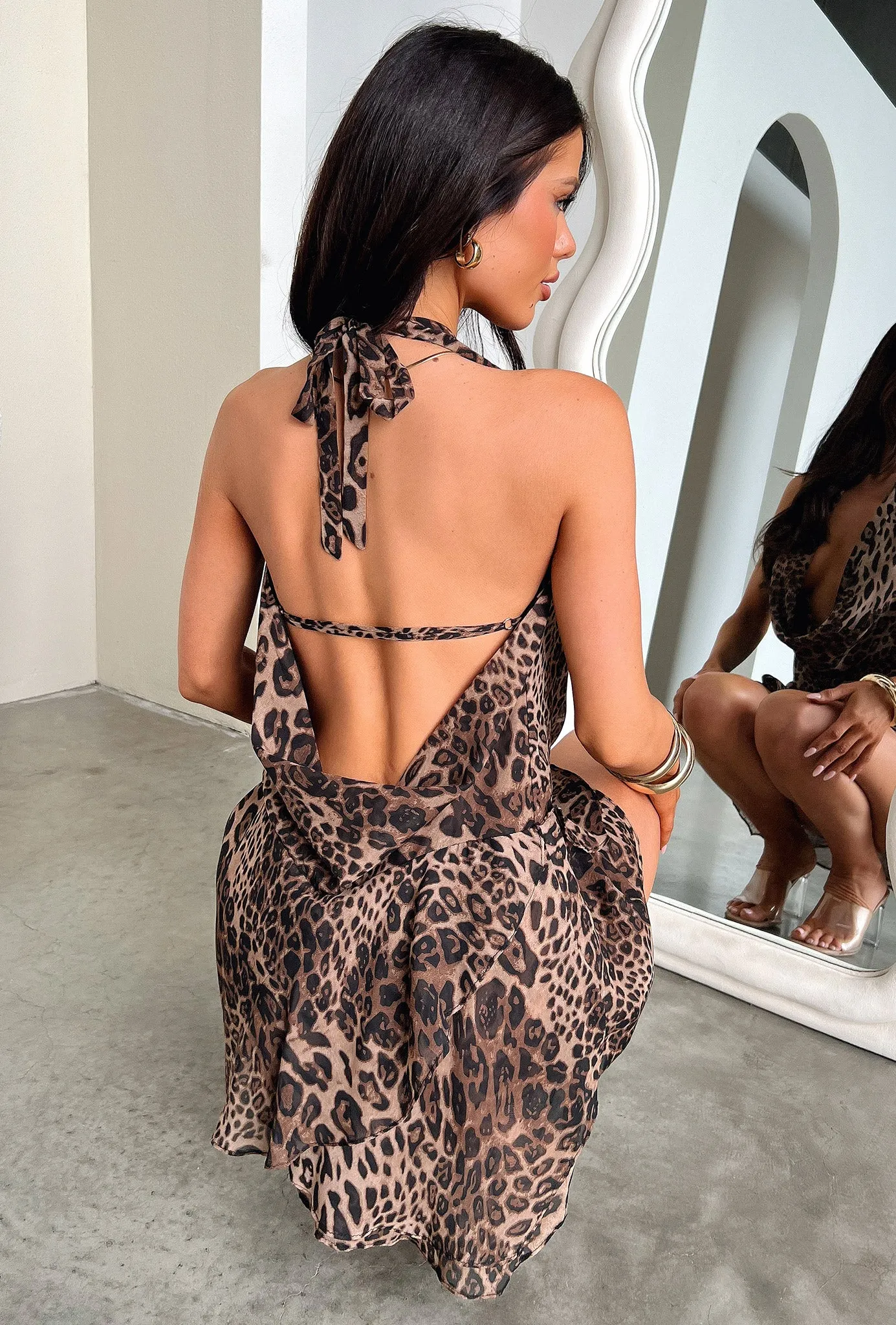 Open Front Cleo Plunge Cowl Neck Mini Dress - Leopard