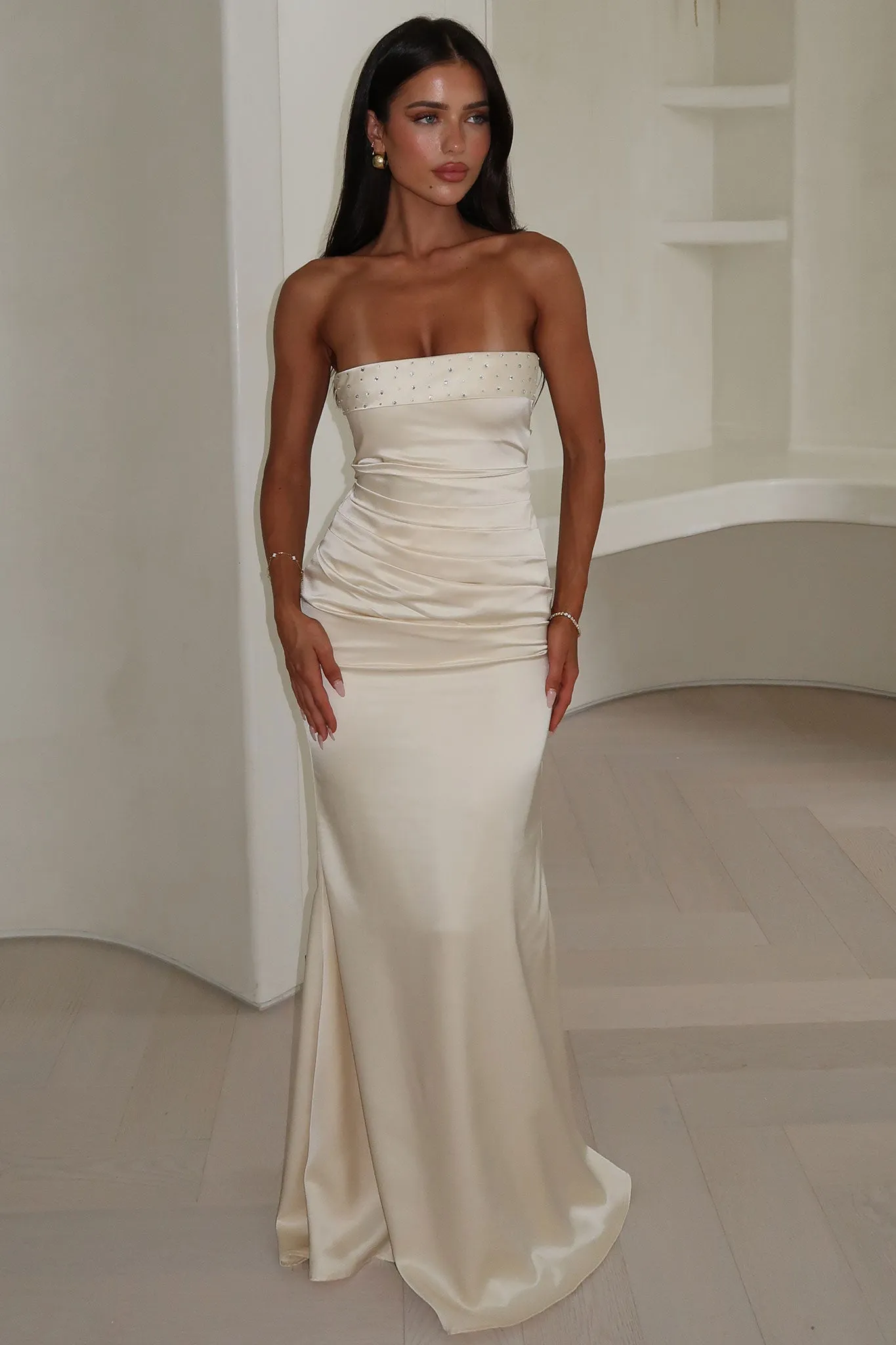 Ophelia Strapless Embellished Satin Maxi Dress - Champagne Emerald Green