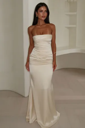 Ophelia Strapless Embellished Satin Maxi Dress - Champagne Beach Edge Pool side