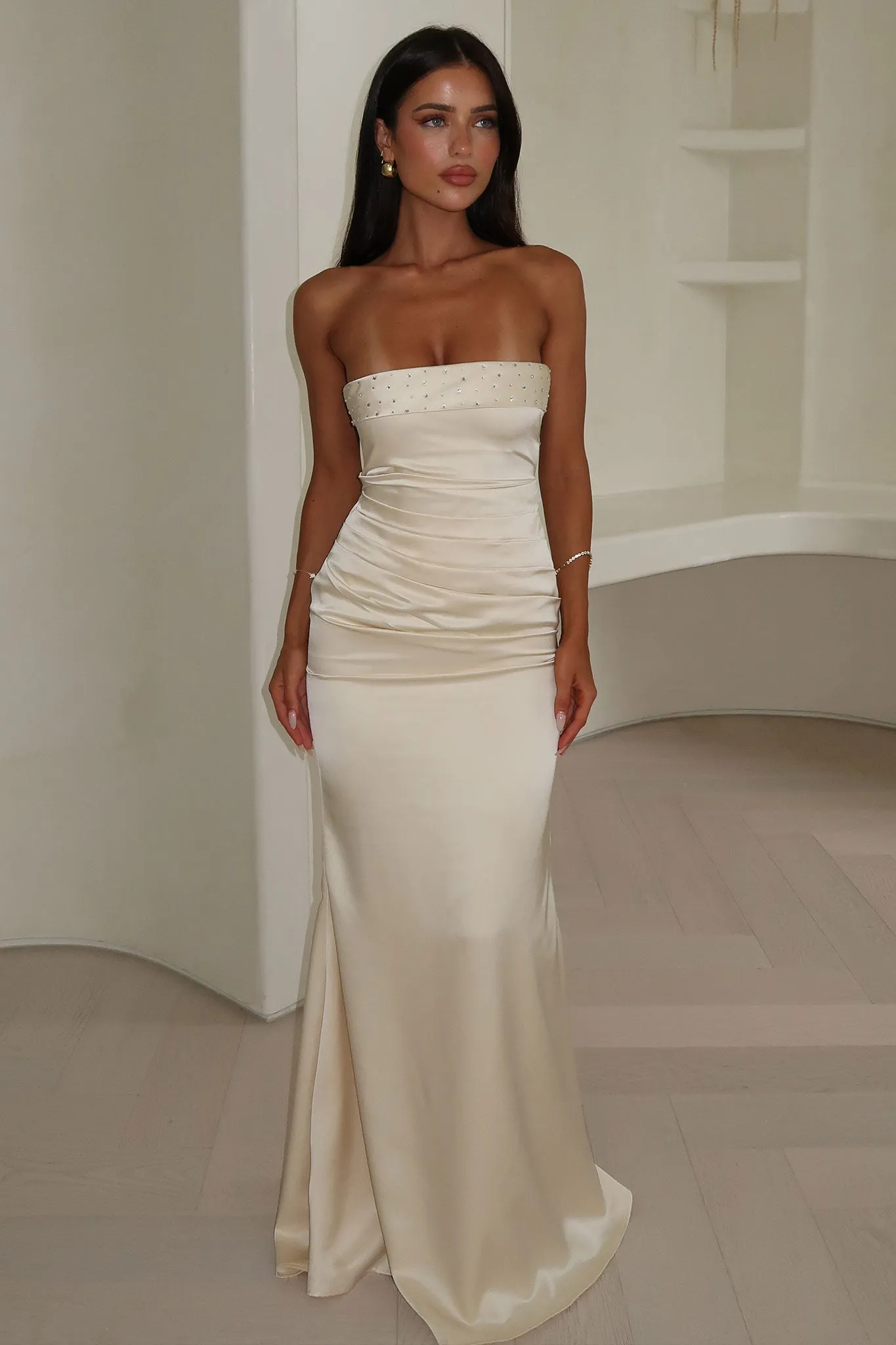 Calm Energy Ophelia Strapless Embellished Satin Maxi Dress - Champagne