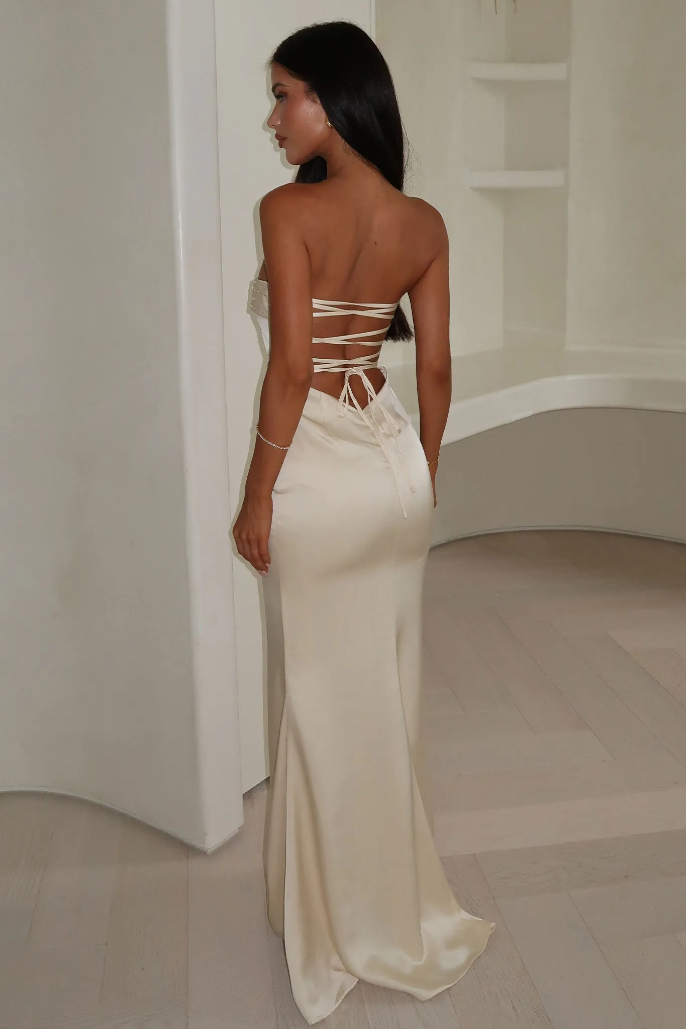 Ophelia Strapless Embellished Satin Maxi Dress - Champagne Emerald Green