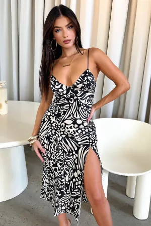 Airy Mood Relaxed Fit Jennifer Satin Midi Dress - Black/White Print