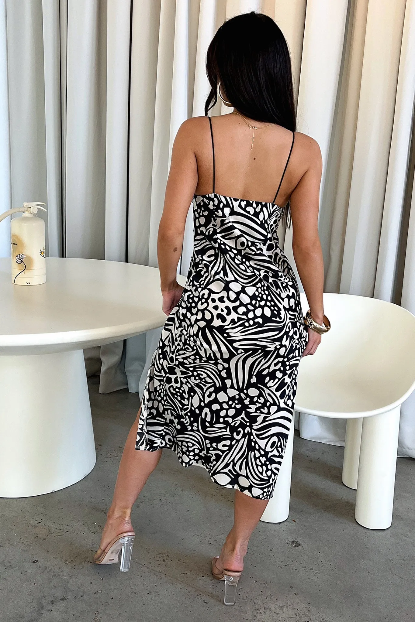 Panel Design Jennifer Satin Midi Dress - Black/White Print