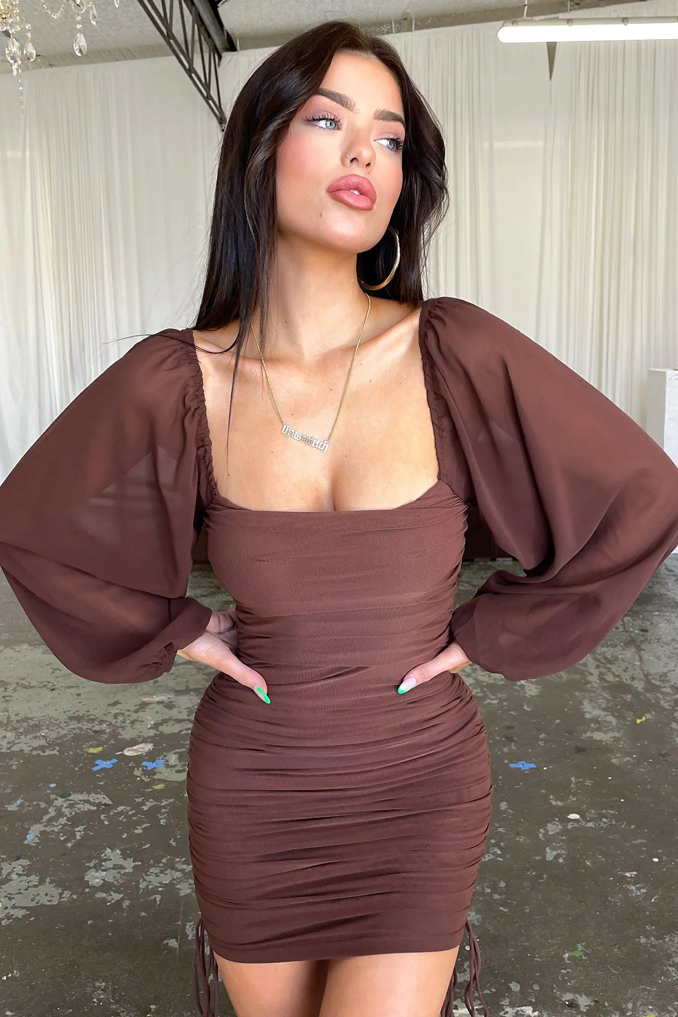 Petal Sleeve Lorde Dress - Brown