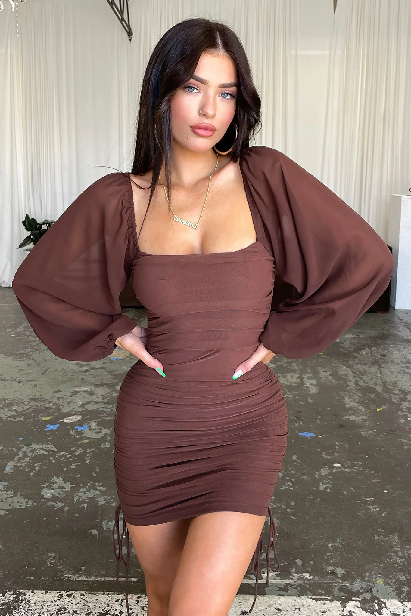 Petal Sleeve Lorde Dress - Brown