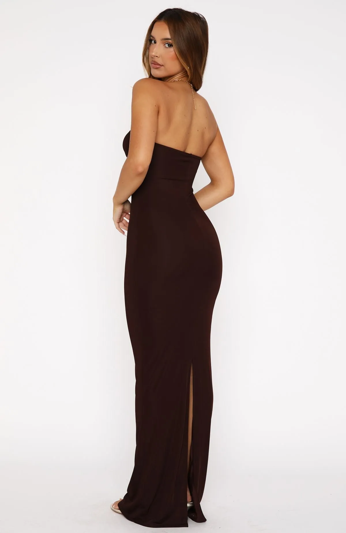 Pray For Forgiveness Strapless Maxi Dress Chocolate Flower Applique