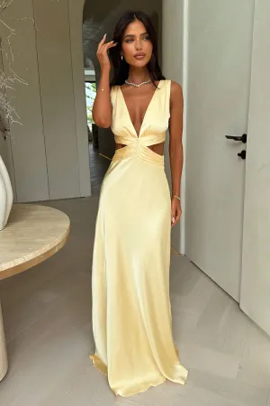 Vacation Ready Paris Mood Emeline V-Neck Satin Maxi Dress - Yellow