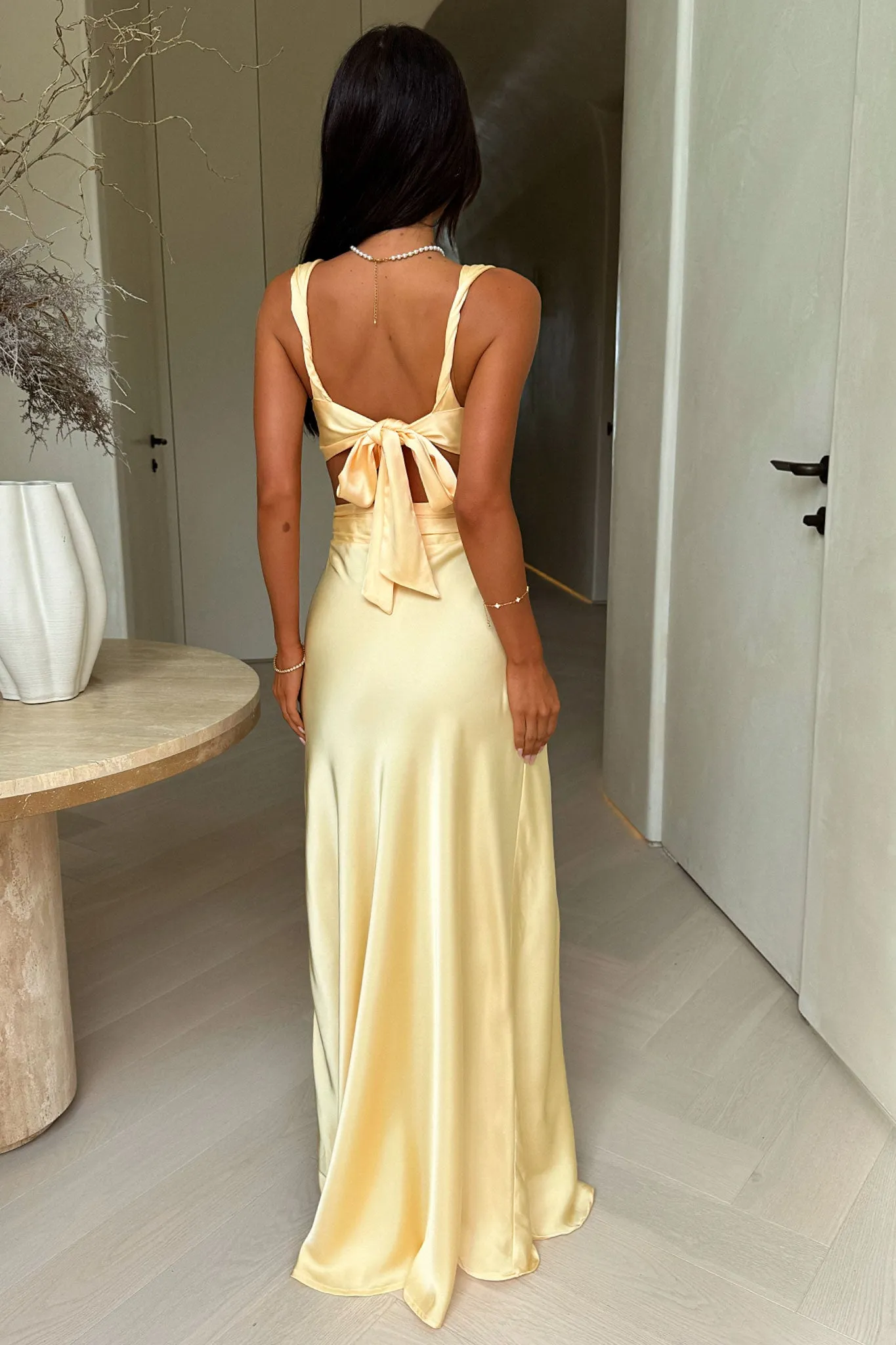 Premium Quality Emeline V-Neck Satin Maxi Dress - Yellow