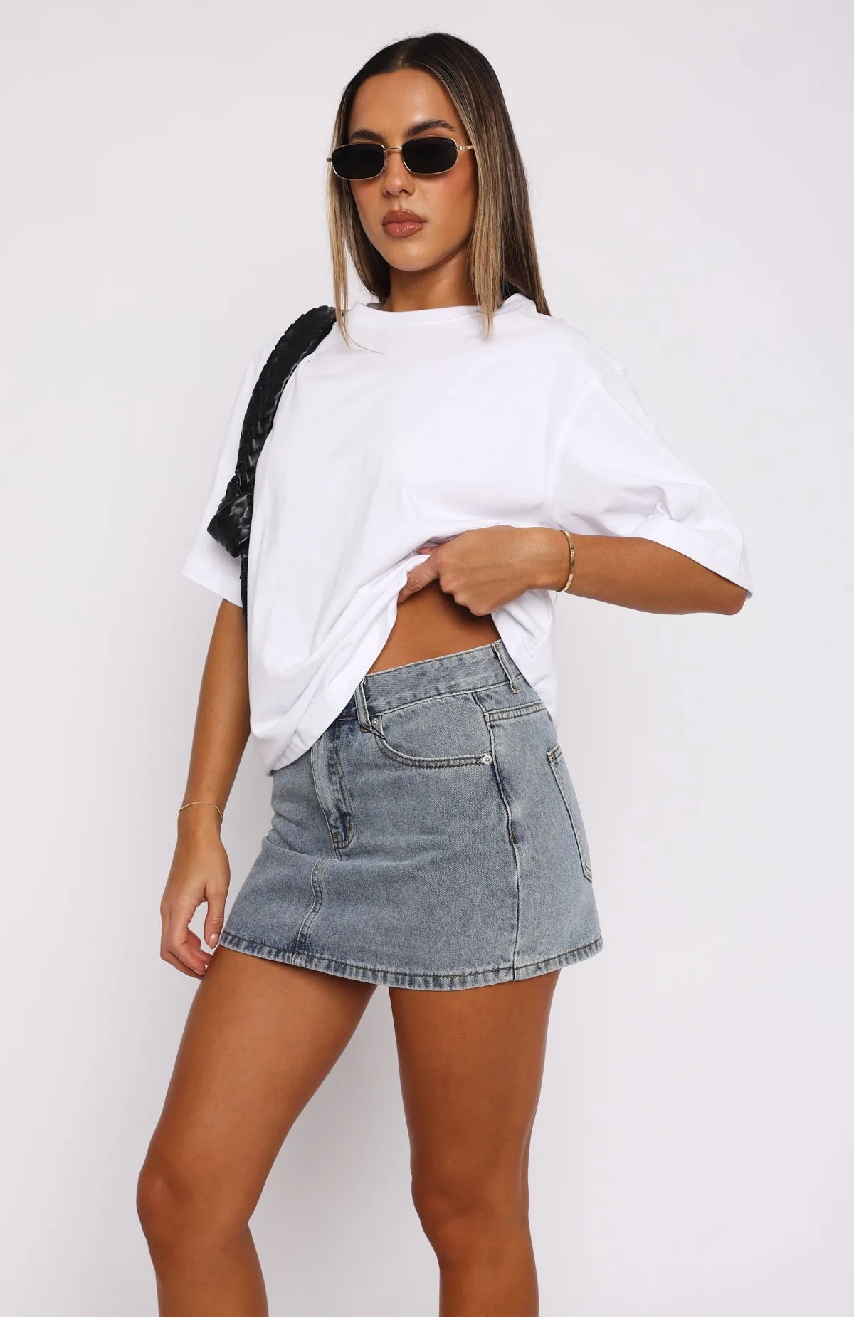 Press Reset Denim Mini Skirt Light Blue Wash Low-Waist Trendy