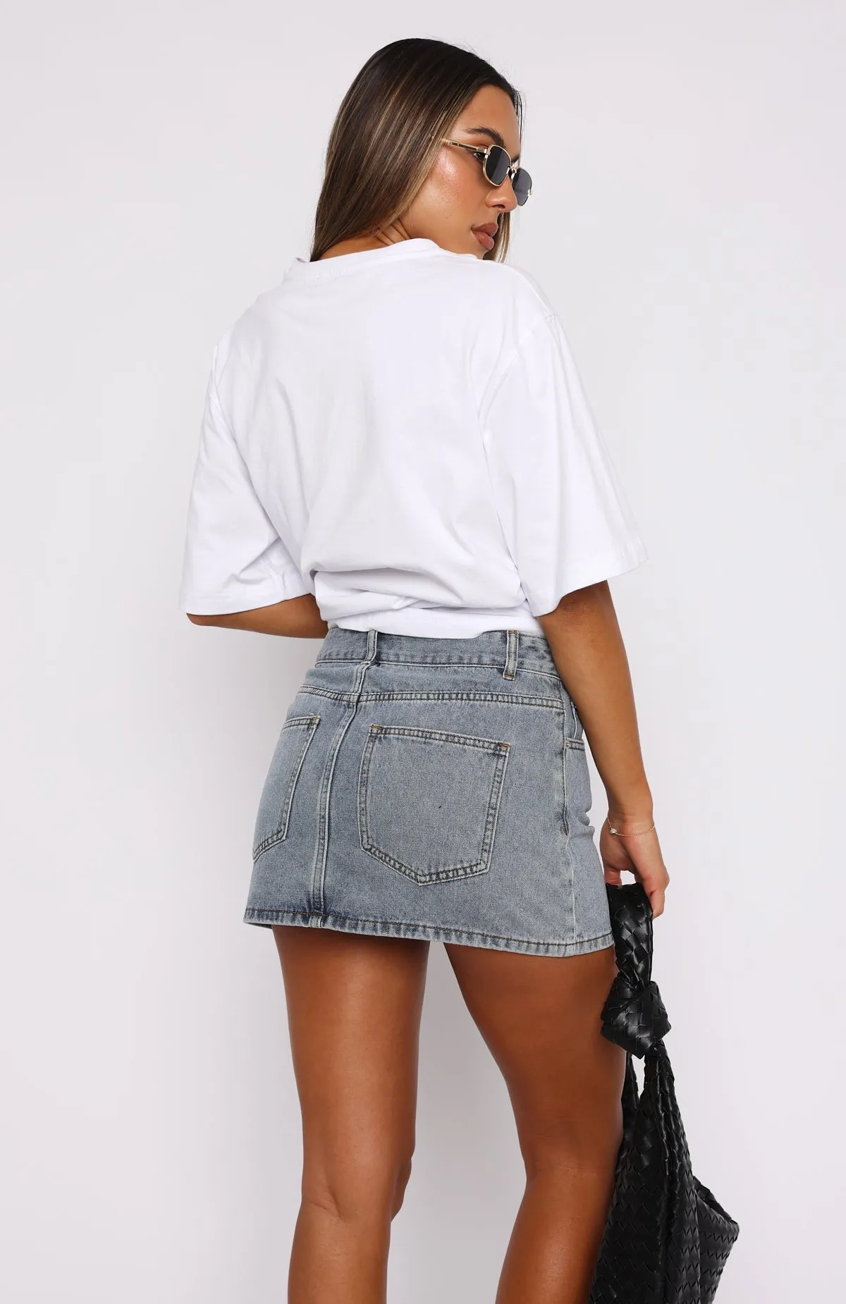 Press Reset Denim Mini Skirt Light Blue Wash Low-Waist Trendy
