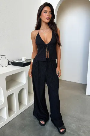 Prisha Wide Leg Plisse Pants - Black Loose Fit