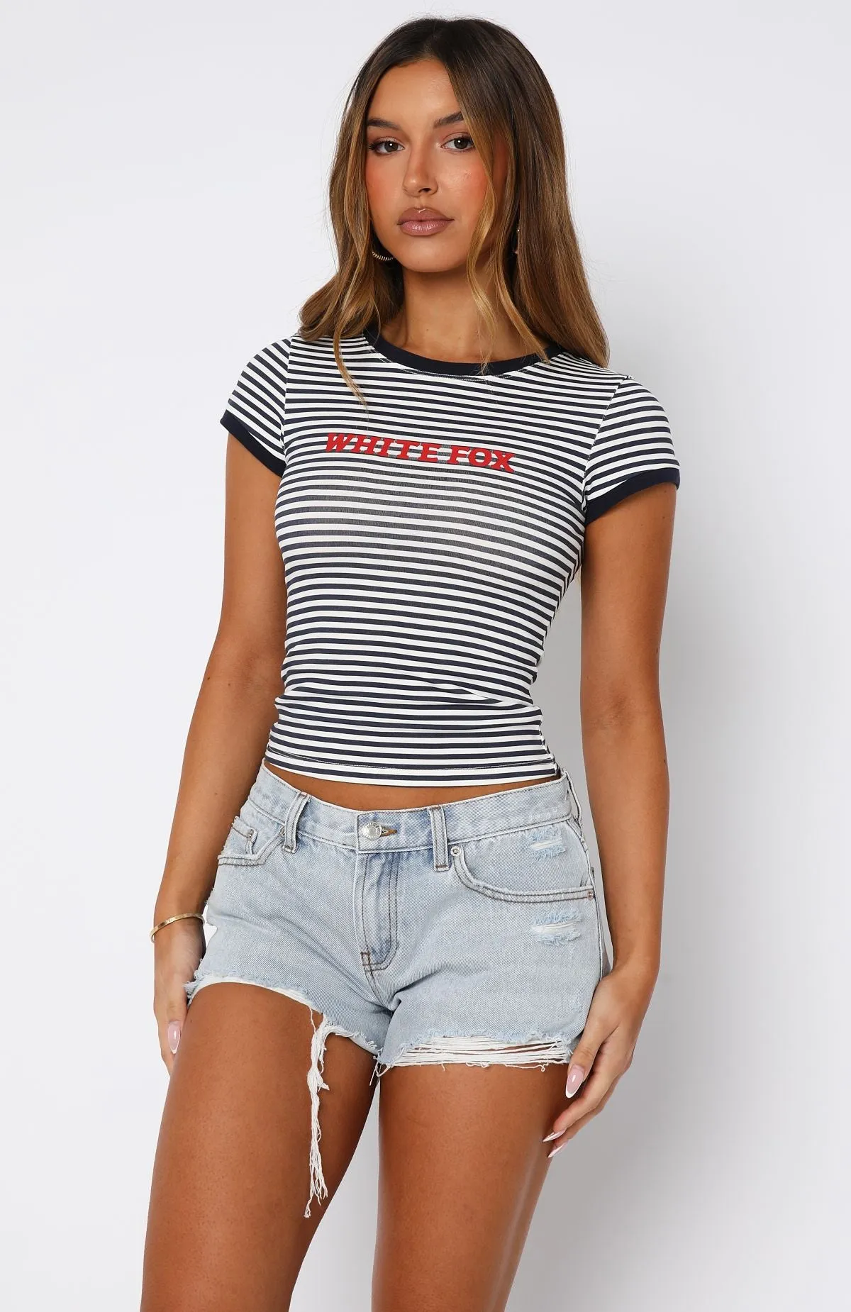 Public Attention Distressed Denim Shorts Glacier Blue print pattern