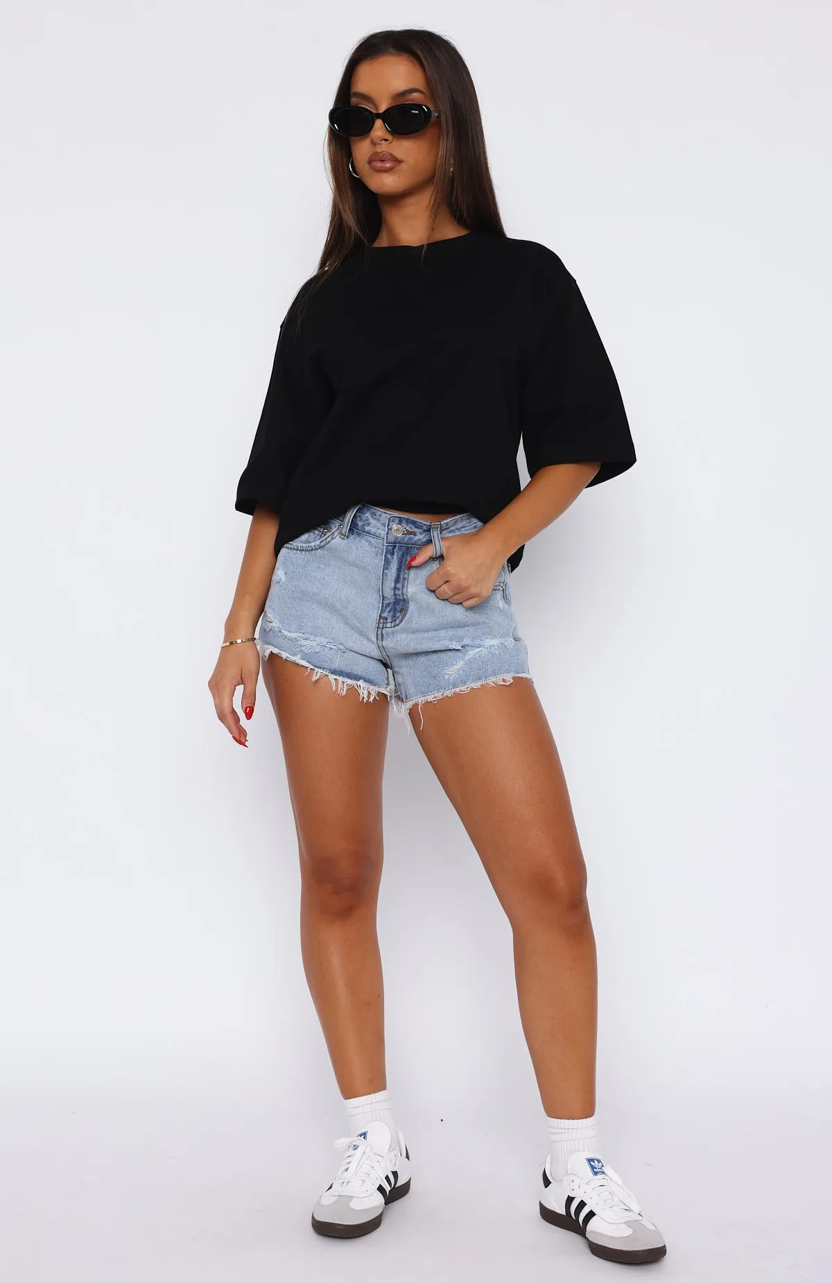 Push My Buttons Denim Shorts Mid Blue Fashionable Look