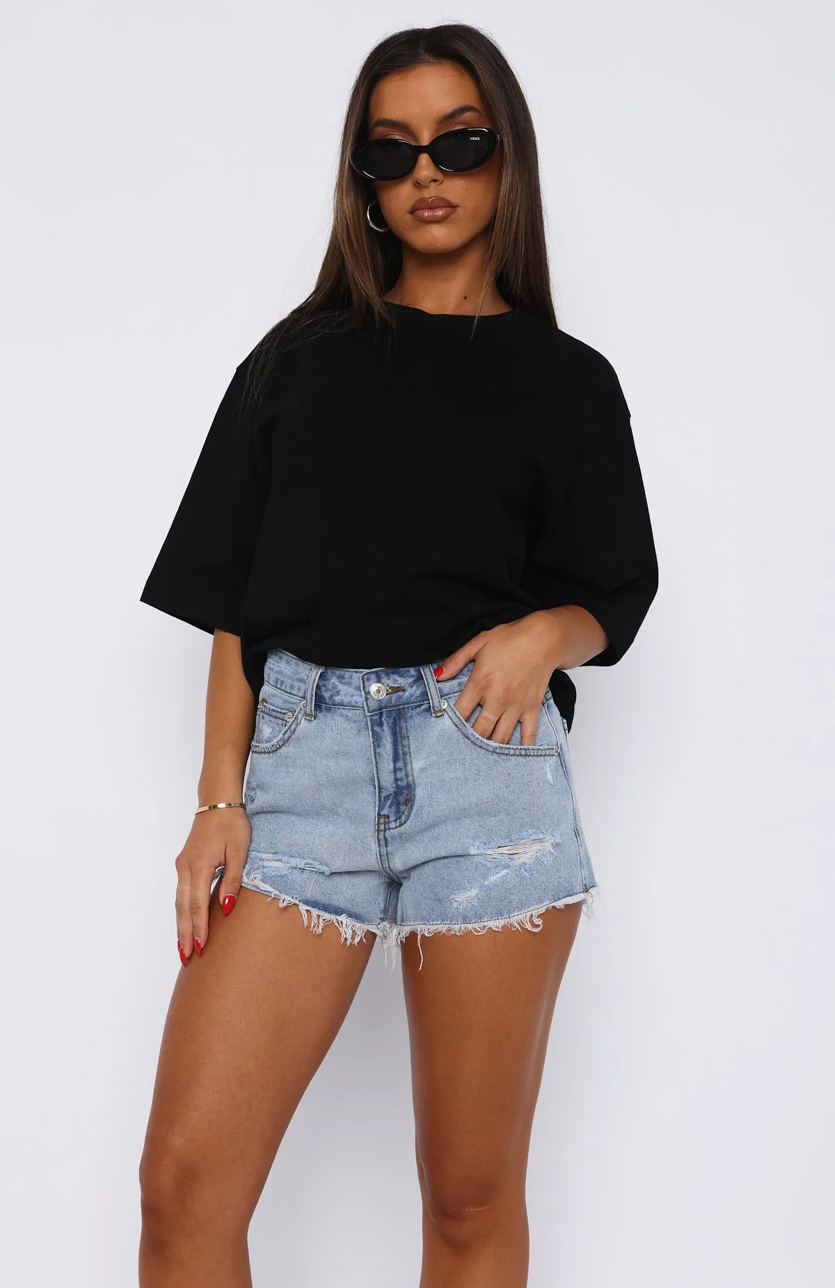 Push My Buttons Denim Shorts Mid Blue Fashionable Look