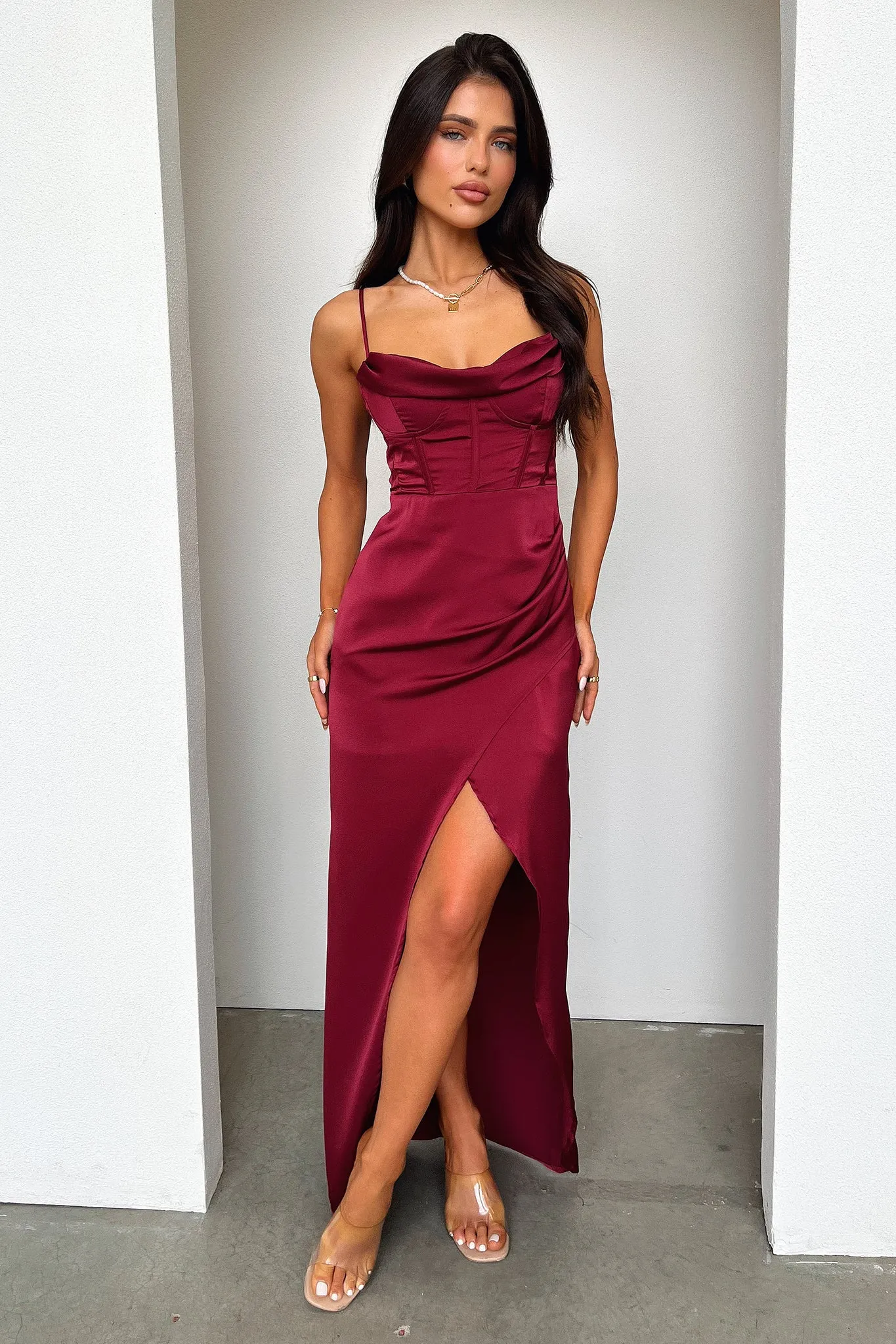 Aiana Satin Maxi Dress - Burgundy Party Safe Fall Fashion