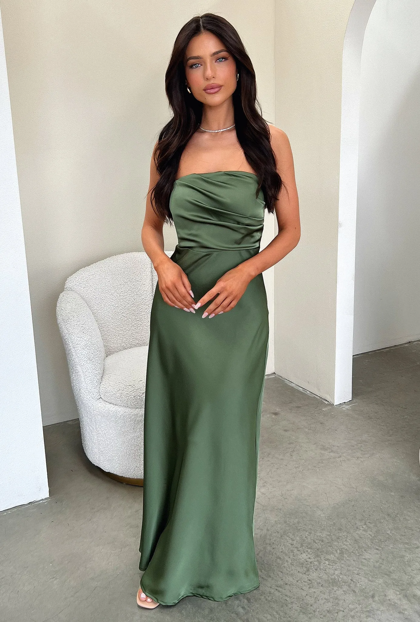 retro look Elio Strapless Satin Maxi Dress - Olive
