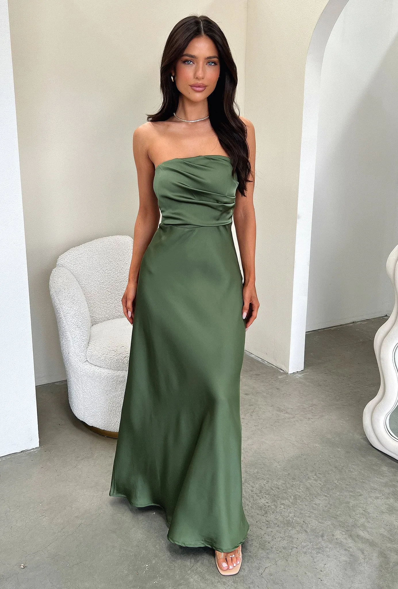 retro look Elio Strapless Satin Maxi Dress - Olive