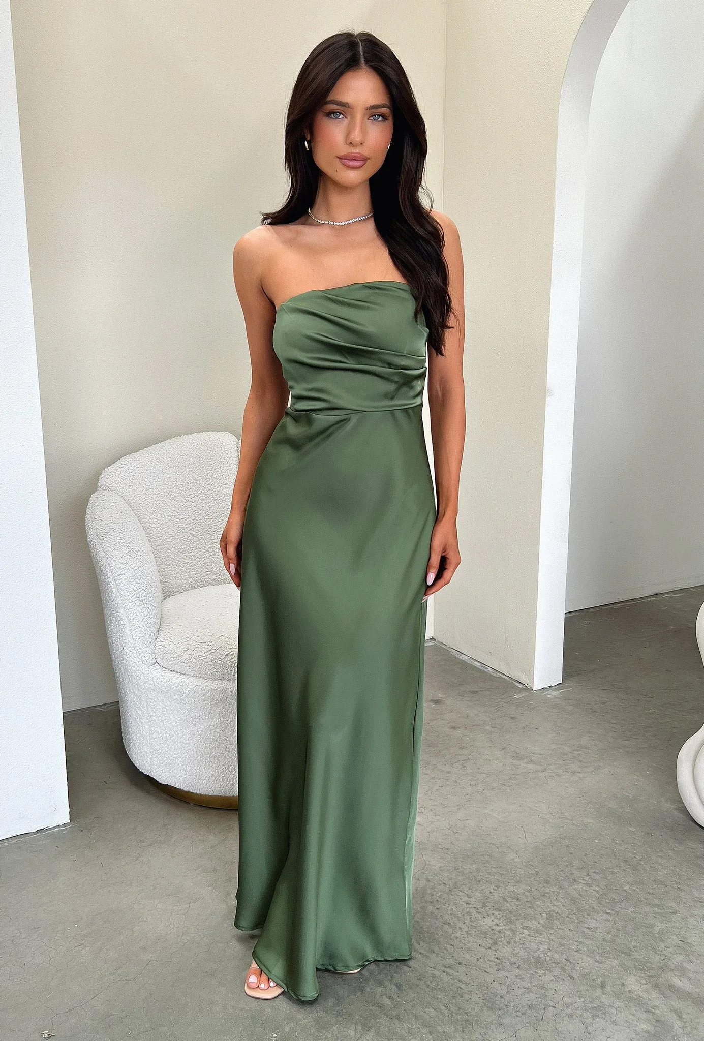 Quartz Shine Formal outdoor event dress Elio Strapless Satin Maxi Dress - Olive