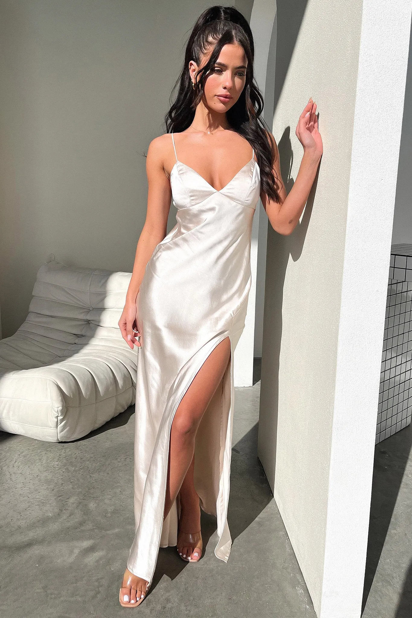 Italian Ease Evening Mist Jennifer Satin Maxi Dress - Champagne