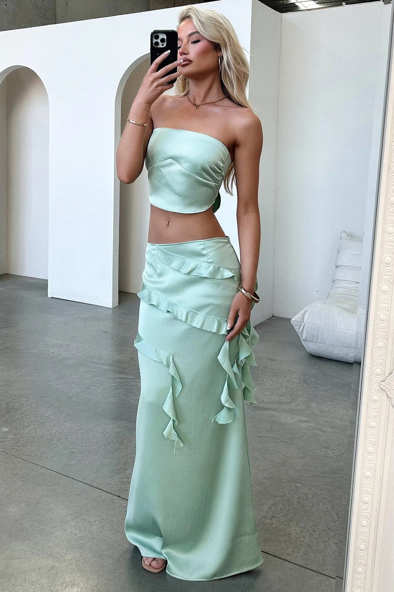 Romantic Vibe Raima Satin Ruffle Maxi Skirt - Green