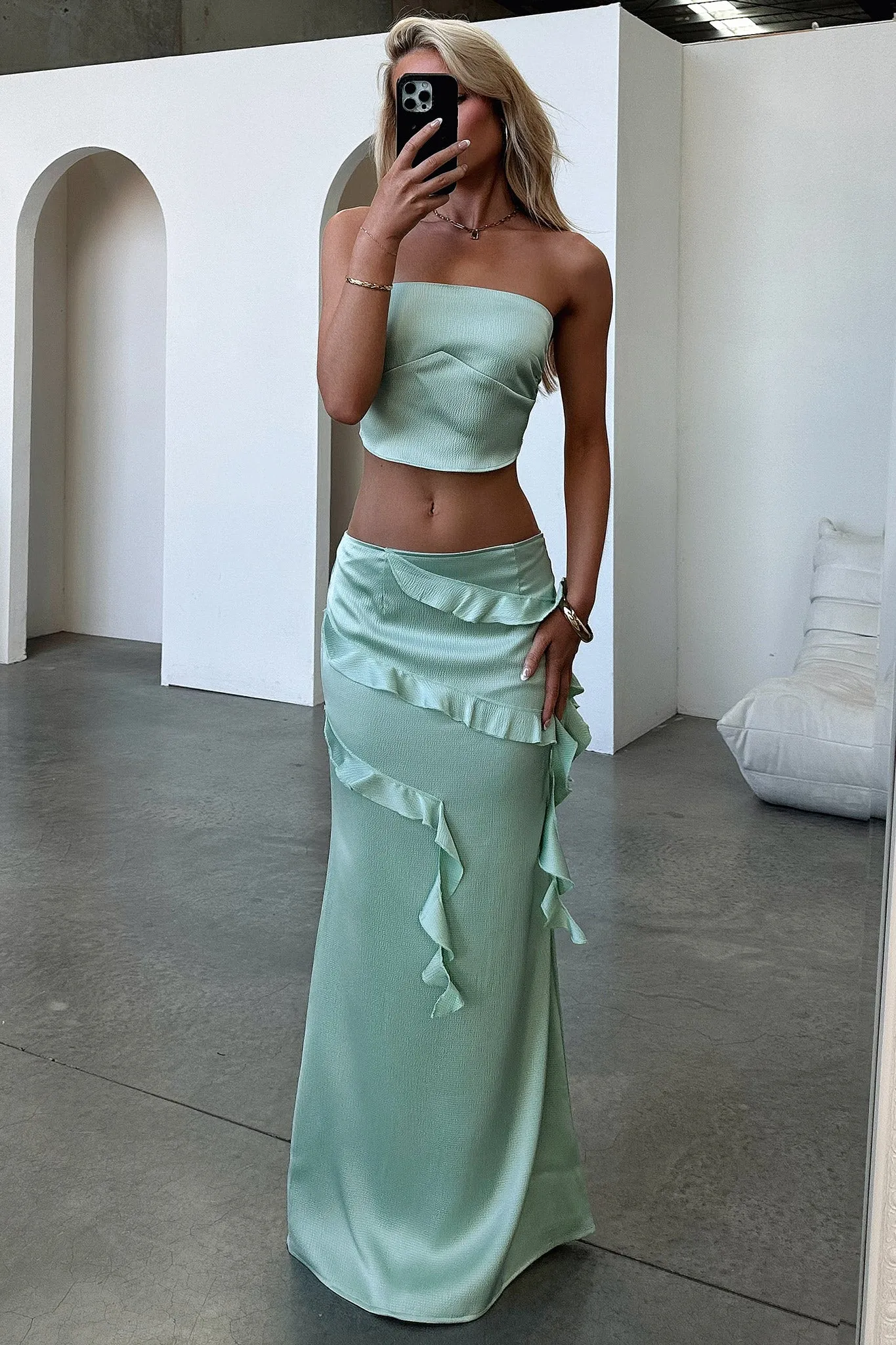 Raima Satin Ruffle Maxi Skirt - Green Relaxed Style perforated design