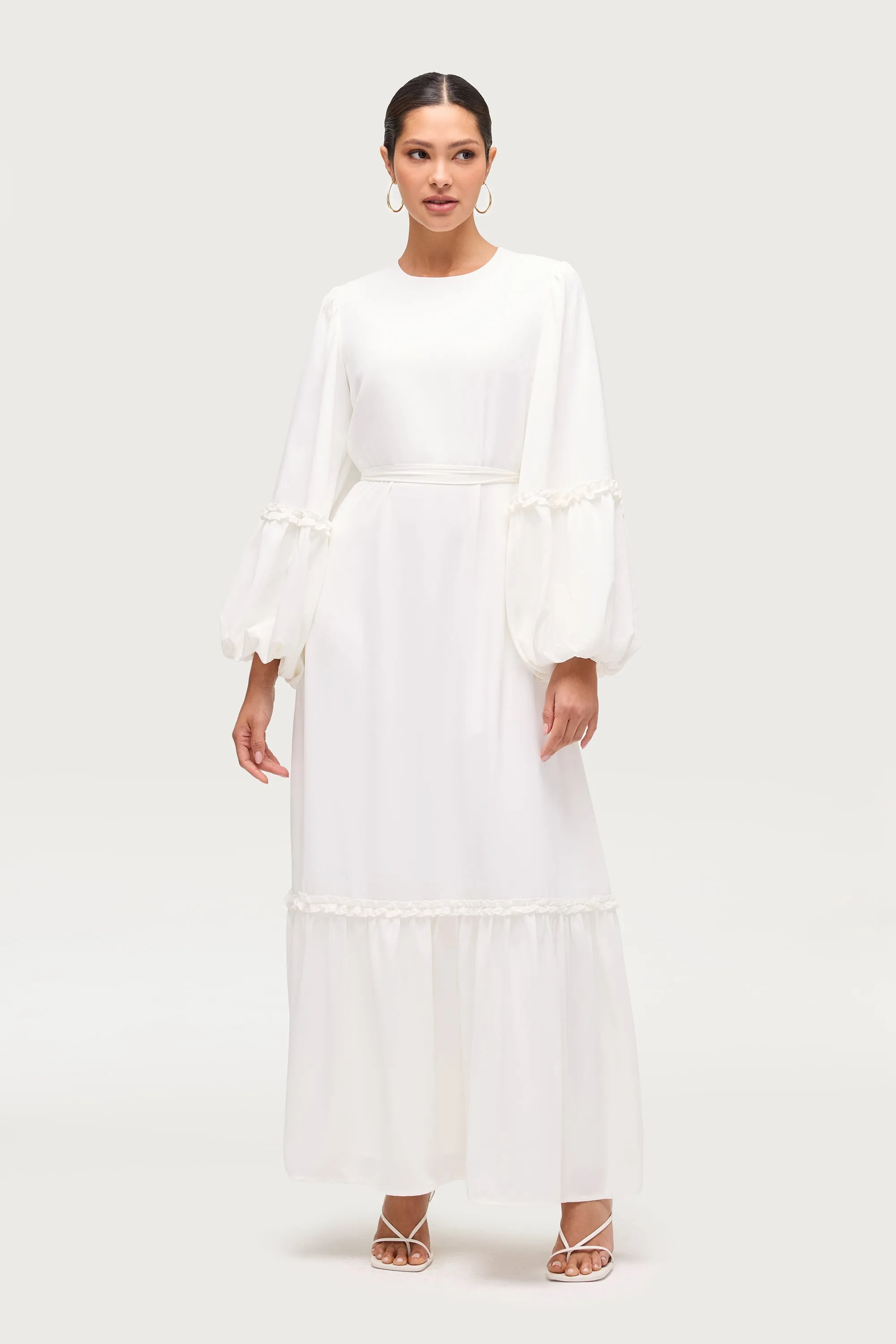 Ruffle Trim Balloon Sleeve Maxi Dress - White Comfortable Sets