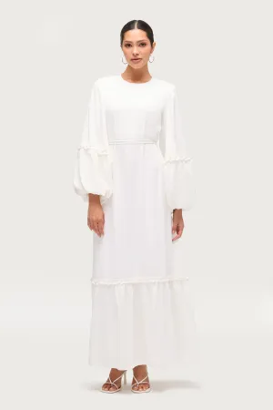 Comfy Texture Ruffle Trim Balloon Sleeve Maxi Dress - White