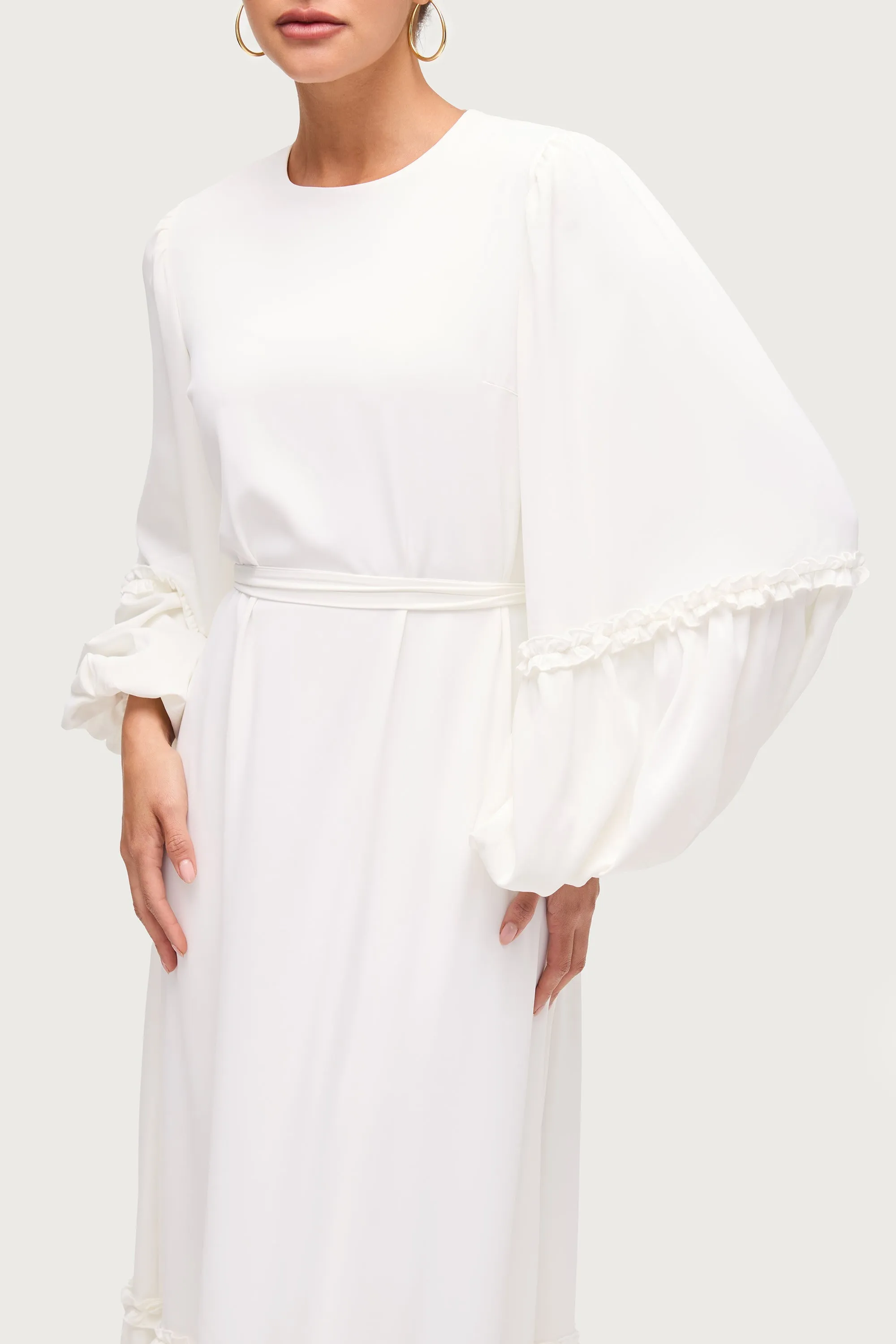 Ruffle Trim Balloon Sleeve Maxi Dress - White Comfortable Sets