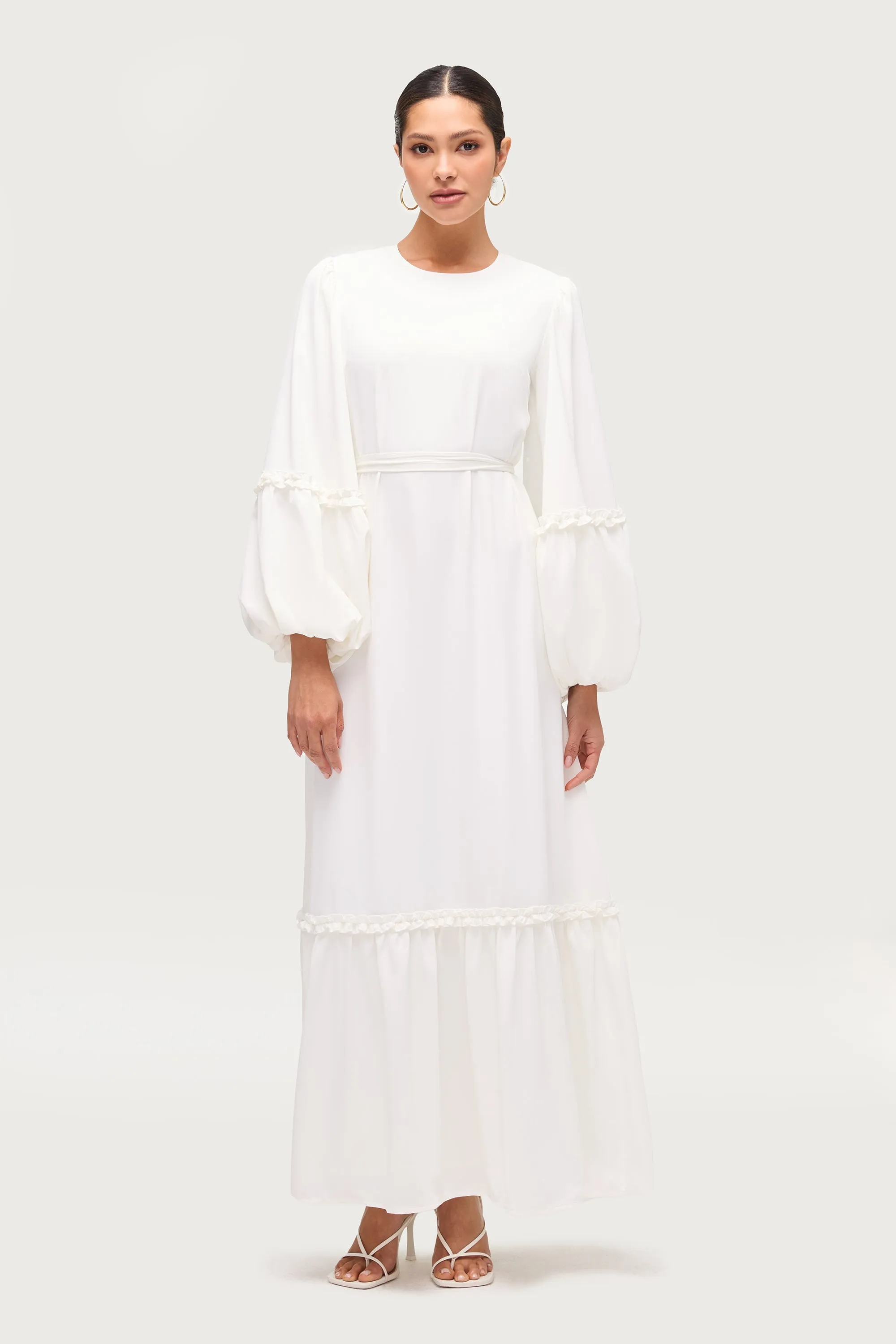 Comfy Texture Ruffle Trim Balloon Sleeve Maxi Dress - White