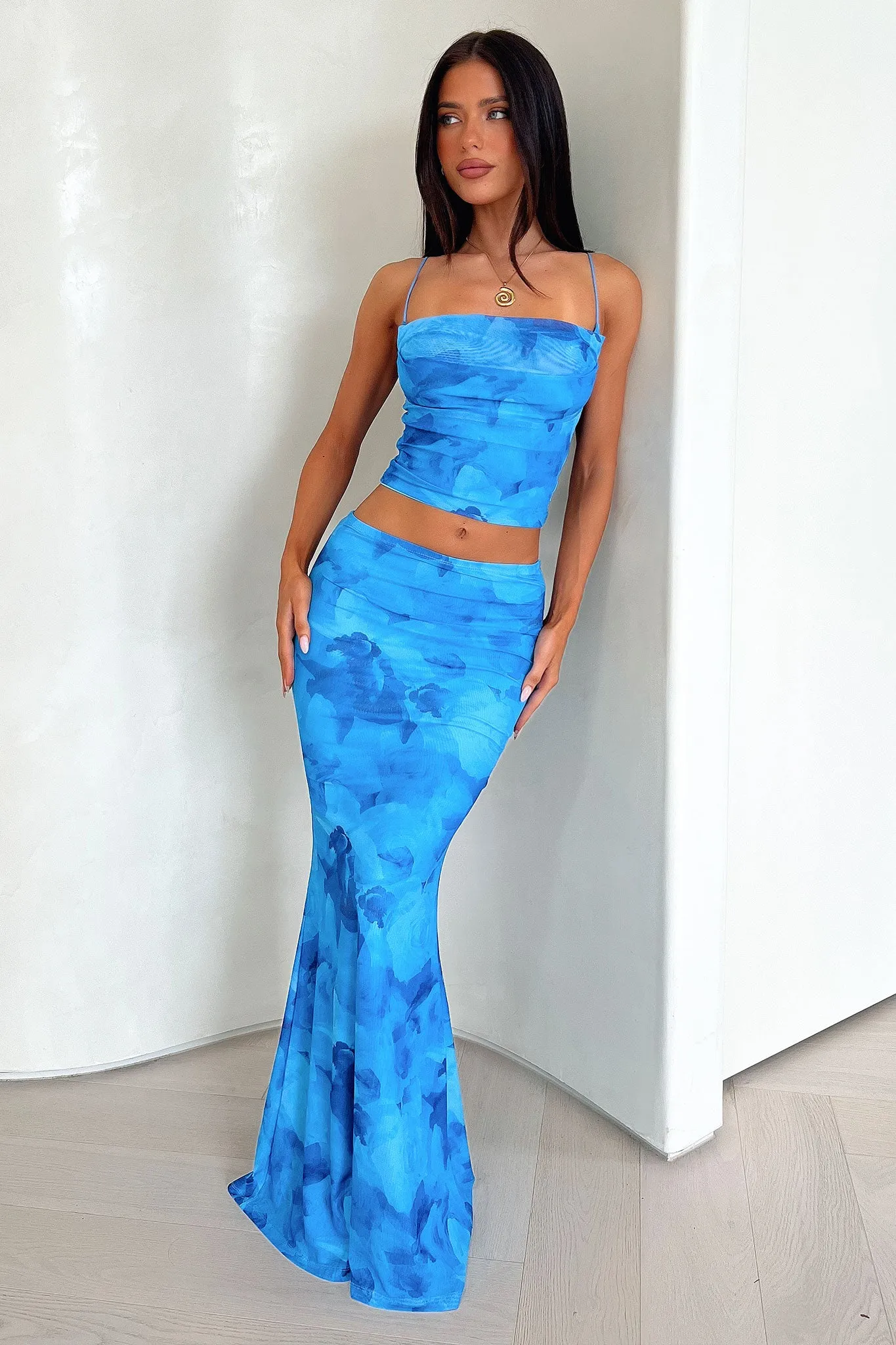 Ryleigh Maxi Skirt - Blue Floral Tiered Detail