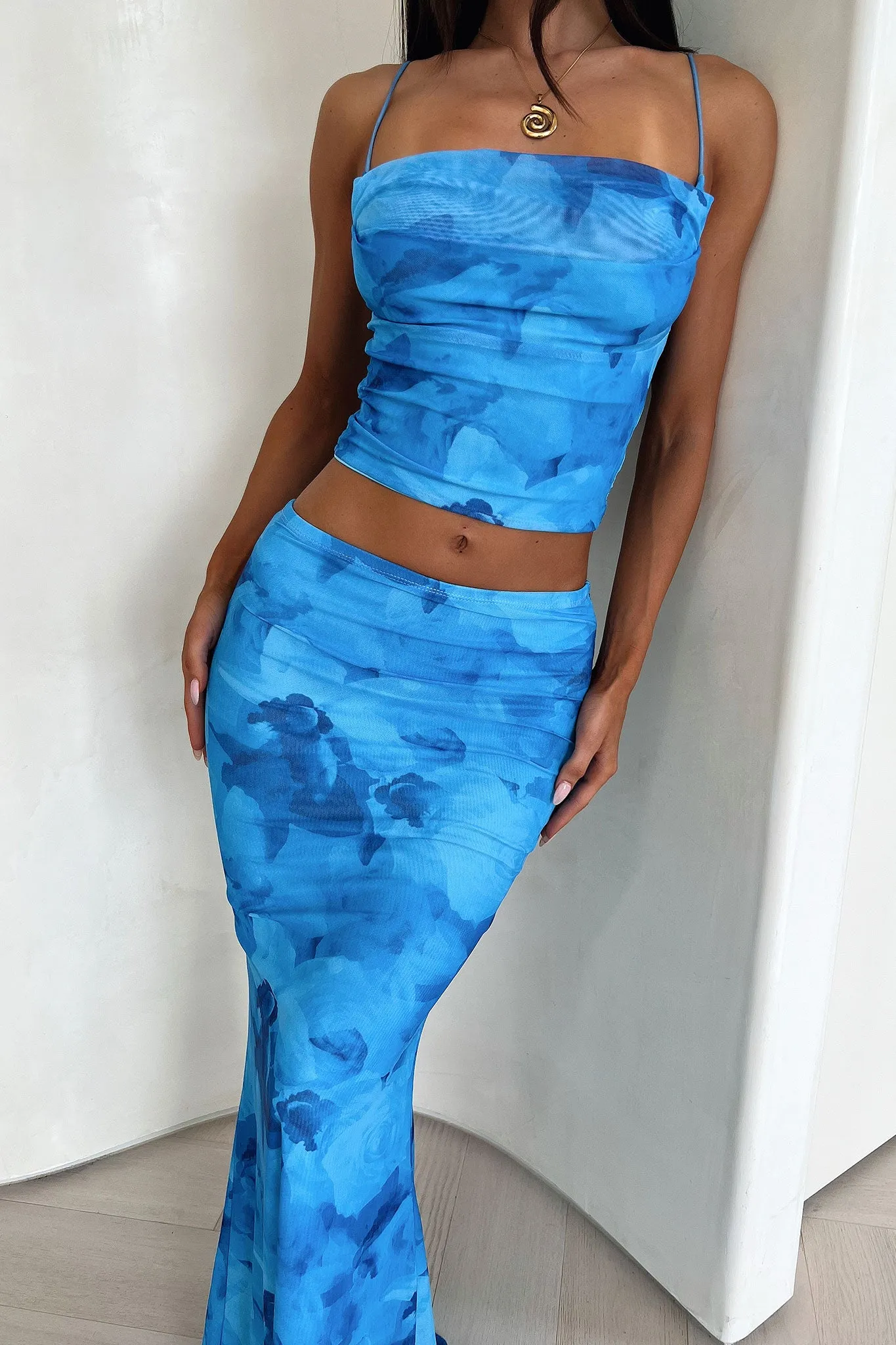 Ryleigh Maxi Skirt - Blue Floral Tiered Detail