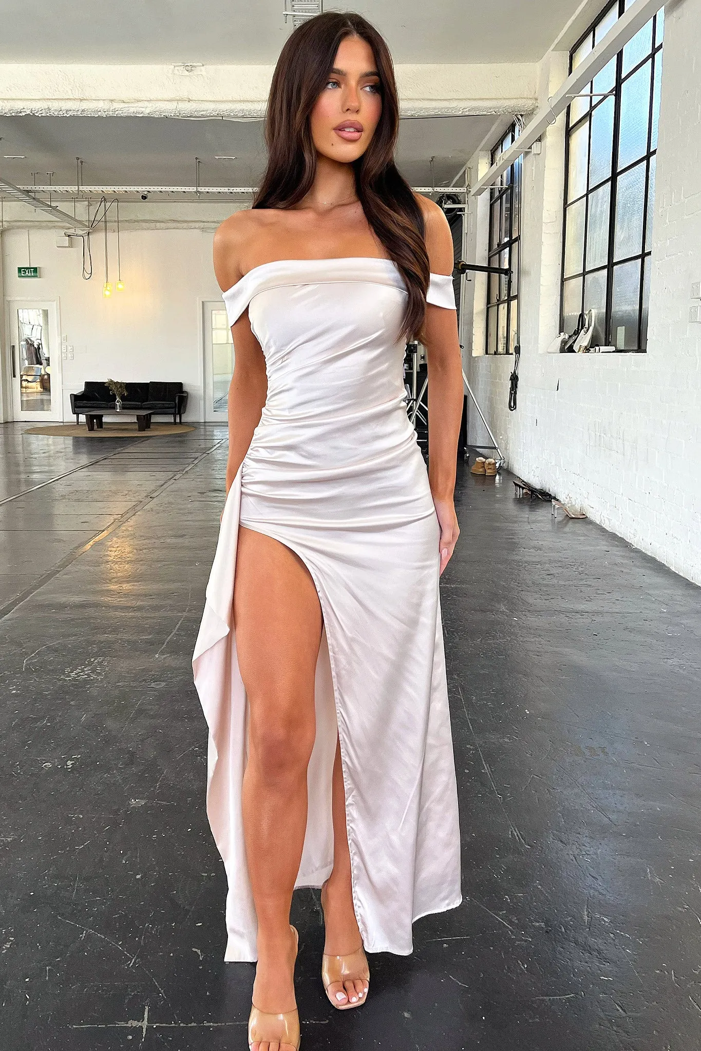 Saoirse Off Shoulder Satin Maxi Dress - Champagne Back Cutout
