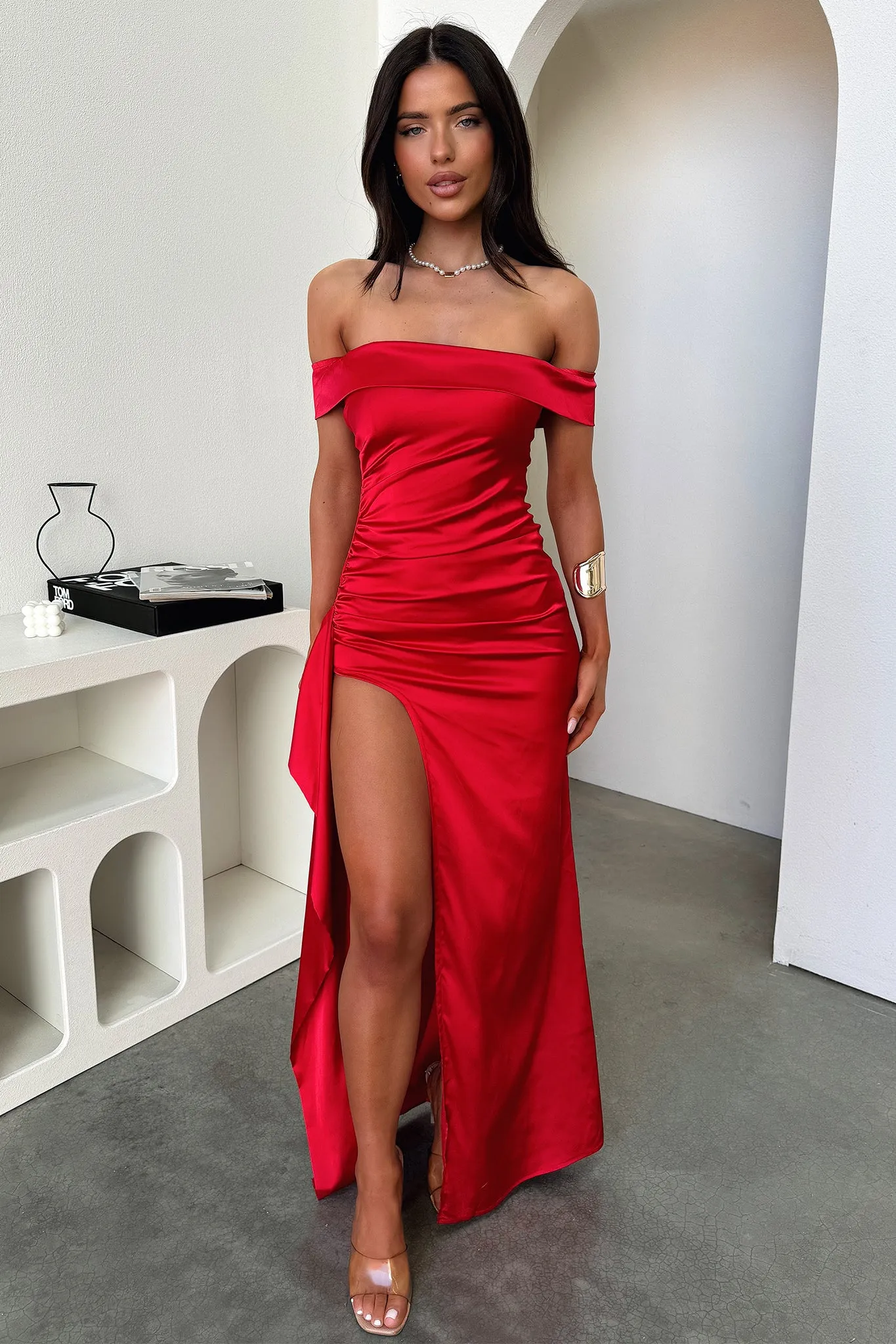 Saoirse Off Shoulder Satin Maxi Dress - Red Side Cutout