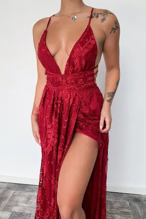 Linen Glow Scarlett Halter Maxi Dress - Burgundy